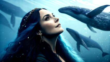 Wall Mural - portrait of a woman with blue hair, whales swimming nearby