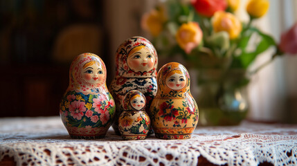 Detailed view of traditional Russian nesting dolls on a lace tablecloth with flowers in background