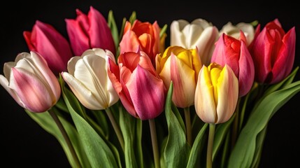 Poster - A bouquet of colorful tulips displayed in a vase on a wooden table