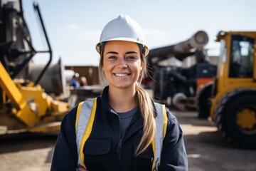 Wall Mural - Smiling female construction worker standing next to heavy machinery