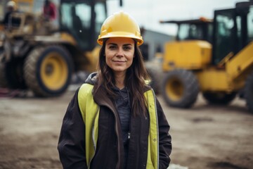 Wall Mural - Smiling female construction worker standing next to heavy machinery