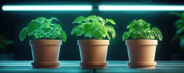 Agentic AI design. Three potted plants under bright artificial light.