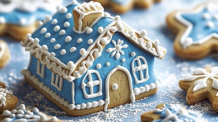 Wall Mural - Blue gingerbread house, Christmas cookies, festive baking, winter scene, holiday food photography