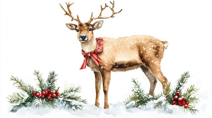 Naklejka na meble Majestic reindeer in snowy landscape with festive red scarf and evergreen branches