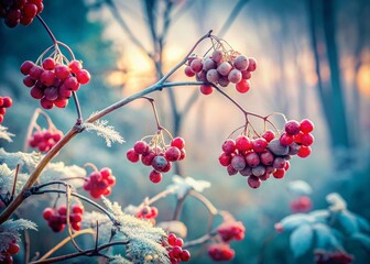 Wall Mural - First Frost on Viburnum Berries in a Misty Forest - Vintage Nature Photography