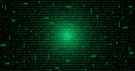 green data falling matrix wallpaper background banner template in binary numbers with geometric cover