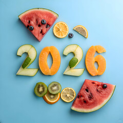 Happy new year 2026 fruit design colorful vibrant summer festive celebration kiwi food blue diet