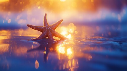 Close-up of starfish on wet sand reflecting the sunlight.