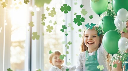 Wall Mural - St. Patrick's Day Fun: Two cheerful children, a girl and a boy, celebrate St. Patrick's Day amidst a flurry of shamrocks and green balloons, radiating pure joy and festive spirit.