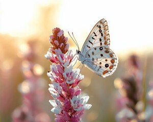 Canvas Print - Butterfly on pink flower at sunset, field background, nature photography