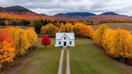 Wall Mural - Autumn Splendor in the Countryside A picturesque farmhouse nestled amidst a vibrant display of fall foliage surrounded by a majestic mountain range and a serene rural landscape