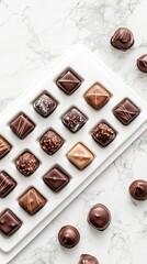 Wall Mural - A tray of chocolates, some unwrapped, on a marble countertop. pic