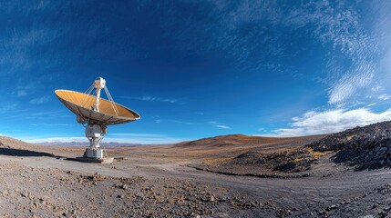 Wall Mural - A large satellite dish stands against a clear blue sky, surrounded by rocky terrain, showcasing advanced technology in a remote location.