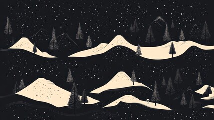 Snowy mountain range night landscape, stars, trees, winter scene, website background