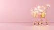 © Sirilak - A golden shopping cart filled with pastel items shines against a soft pink background, creating a whimsical, festive atmosphere.