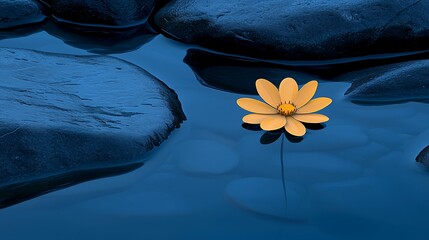 Canvas Print - Serene yellow flower floats on calm water, stones surround, nature background, meditation image