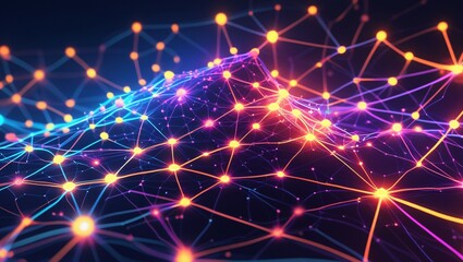 Complex neural network in motion with interconnected nodes and glowing lines. A dynamic web of intelligence and connections. Abstract tech image. 