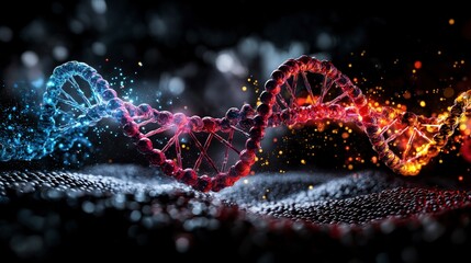 Poster - Dynamic visualization of dna helix structure scientific art in a laboratory with macro view on dark background