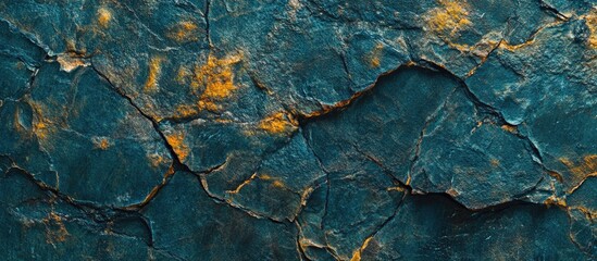 Wall Mural - Textured blue and orange cracked surface background with dark tones and natural patterns suitable for various design applications Copy Space