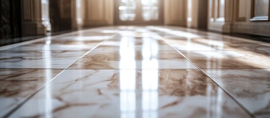 Poster - Marble floor with reflections and sunlight in a hallway interior architectural space Copy Space