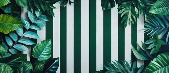 Poster - Tropical green leaves arranged on striped background with ample copy space for text and design elements