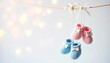 © ALENA - Gender reveal invitation or banner template with pink and blue knitted booties.  Child's gender announcements