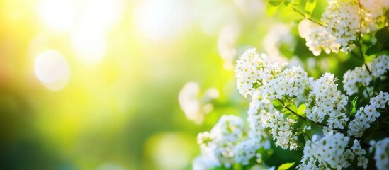 Poster - Sunlit White Blossoms with Green Background Bokeh and Copy Space for Text Placement