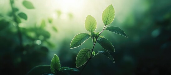 Poster - Close-up of green leaves with soft blurred background, natural light illuminating foliage, macro photography with Copy Space.