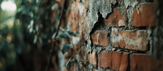 Sticker - Close-up of weathered brick wall with peeling paint and creeping vines in natural light Copy Space