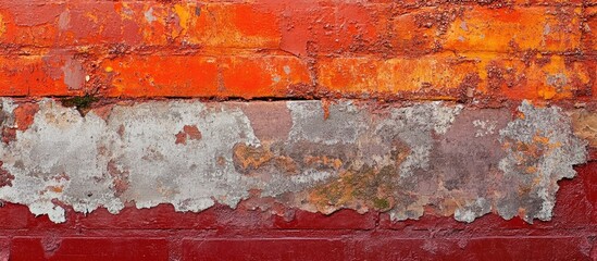 Poster - Textured wall with peeling paint and exposed brick in shades of orange, red, and gray with good Copy Space for text placement.