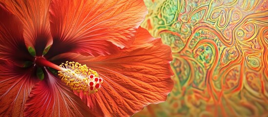 Close-up of vibrant orange hibiscus flower with intricate colorful background and detailed texture, vivid colors, nature photography, Copy Space