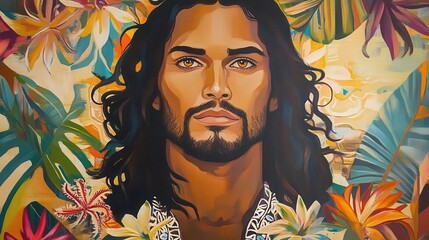 Wall Mural - christ depicted as a serene pacific islander with flowing dark hair and amber eyes, wearing traditional tapa cloth robes, surrounded by tropical flowers and indigenous symbols