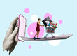 © svetazi - A woman with a full shopping cart exits a smartphone. Art collage.