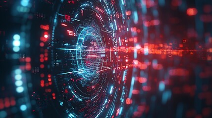 Digital data stream, futuristic tunnel, red & blue light, abstract background, tech concept