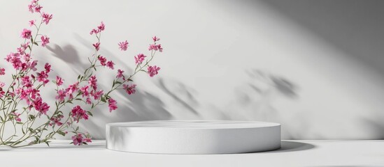 Wall Mural - White circular podium with pink flowers and shadows on light background