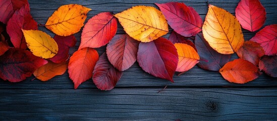 Wall Mural - Autumn Leaves Arranged on Dark Wooden Surface with Copy Space