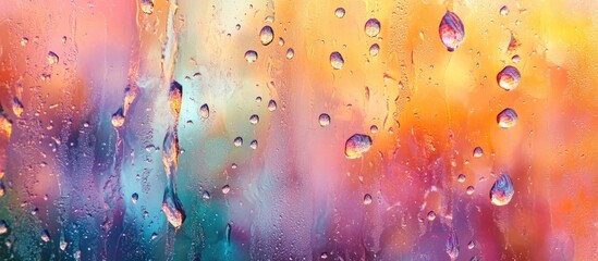 Wall Mural - raindrops on glass with colorful abstract blurred background and copy space