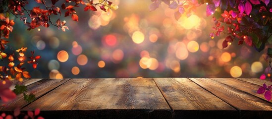 Wall Mural - wooden table with blurred bokeh background and colorful autumn leaves, copy space