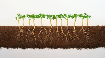 Wall Mural - Growing plants with visible roots and green leaves showcase importance of soil health and plant development. This cross sectional view highlights relationship between roots and soil