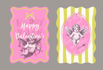 Wall Mural - wavy edge valentines day card invitation with hand drawn cupid.
