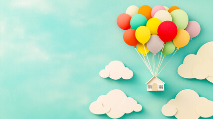 Poster - Colorful balloons lift a small house amidst fluffy clouds against a bright blue sky