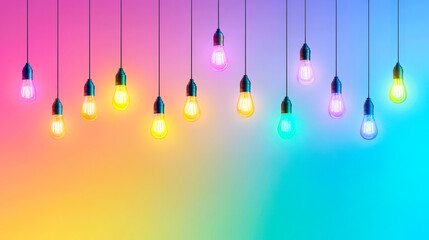 Aufkleber - Colorful hanging light bulbs illuminate a vibrant background in a modern setting during the evening