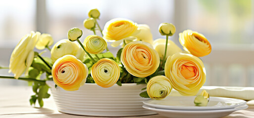 Poster - Bright yellow ranunculus flowers arranged in a white bowl on a wooden table in a sunlit room