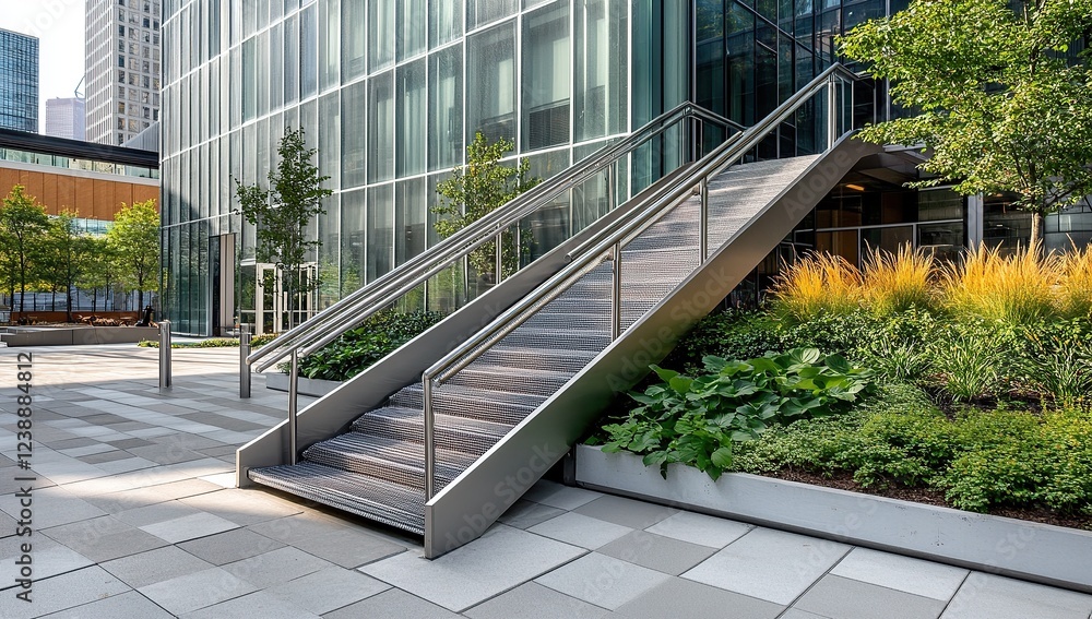 A modern office building with an accessible metal wheelchair ramp ...