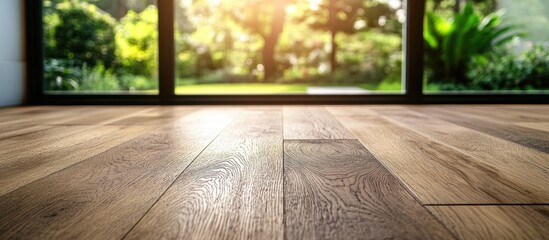 Wall Mural - Sunlit room interior with wooden floor and large windows overlooking garden