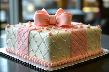 Wall Mural - Square birthday cake is resembling a gift box, decorated with pink icing and large bow, creating festive treat for celebrations