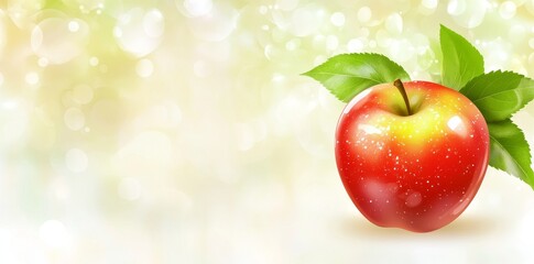 Wall Mural - A photo featuring an apple and a green leaf, with a white bokeh background