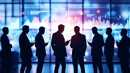 Wall Mural - silhouettes of businesspeople analyzing data charts against a financial background.