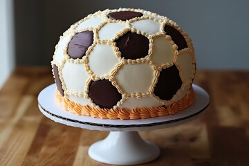 Wall Mural - Round cake decorated as a soccer ball, sitting on a white cake stand, perfect for a sports celebration