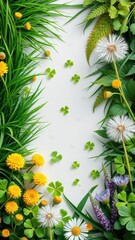 A white background is decorated with a border of colorful wildflowers and green leaves